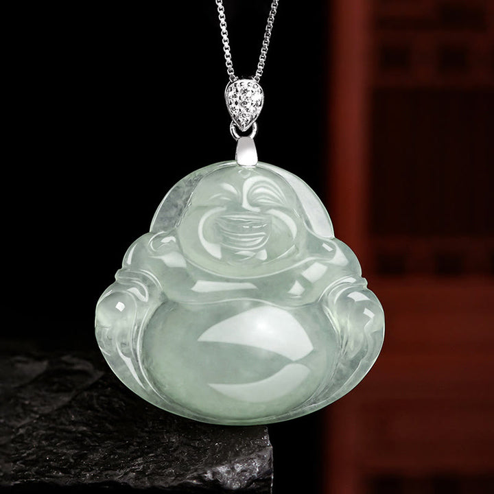 Buddha Stones 925 Srebro Sterling Naturalny Jadeit Śmiejący się Budda Dobrobyt Obfitość Naszyjnik Łańcuch Wisiorek