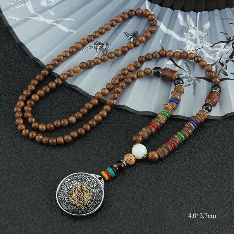 Buddha Stones Tybetańskie Om Mani Padme Hum Modlitewne Koło Obrotowe Naszyjnik Wisiorek z Drewna Vajra - Dziewięć Pałaców Osiem Trigramów - image 19