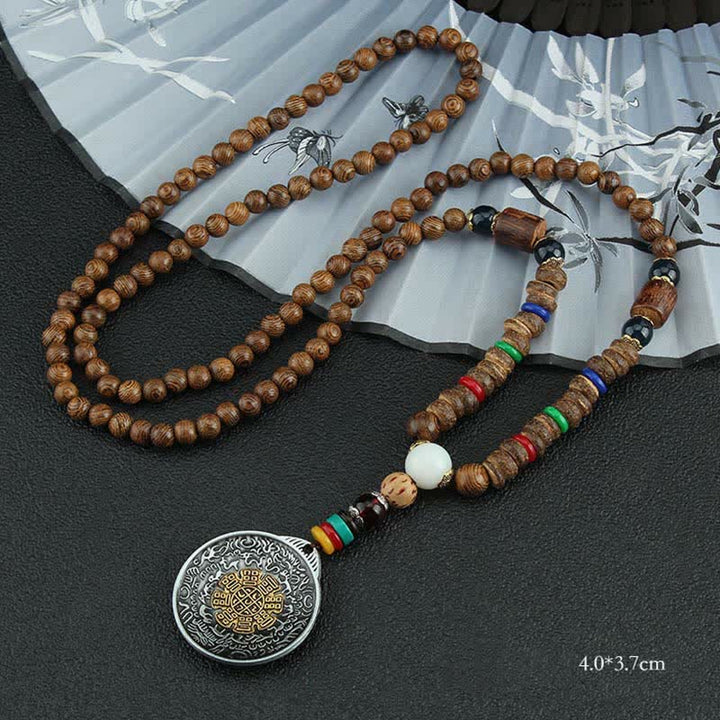 Buddha Stones Tybetańskie Om Mani Padme Hum Modlitewne Koło Obrotowe Naszyjnik Wisiorek z Drewna Vajra - Dziewięć Pałaców Osiem Trigramów - image 19