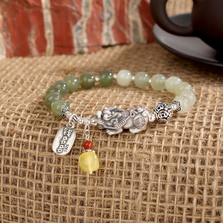 Buddha Stones 925 Srebro Sterling Naturalny Hetian Jade Bursztyn Bransoletka PiXiu Luck