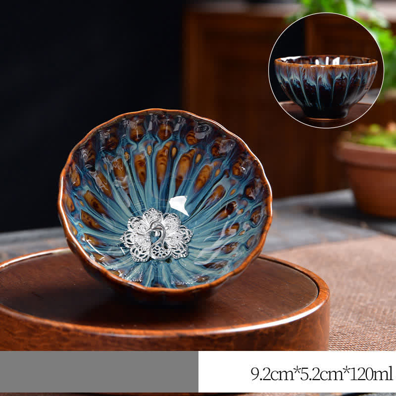 Buddha Stones Lotos Paw Smok Feniks Ryba Koi Ceramiczna filiżanka do herbaty Intarsjowane filiżanki do herbaty 120 ml - Srebrny - Paw - image 18