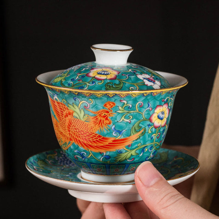 Buddha Stones Smok Feniks Kwiat Projekt Ceramiczny Gaiwan Sancai Filiżanka Kung Fu Filiżanka Do Herbaty I Spodek Z Pokrywką - Zielony - Feniks 9,5 cm * 9,3 cm * 160 ml - image 0