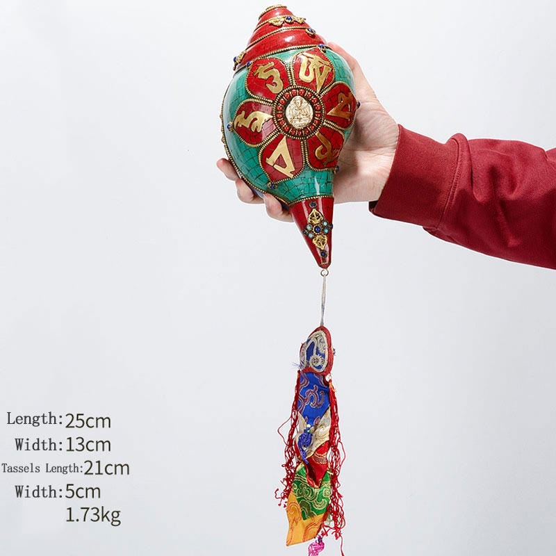Tybetańska, ręcznie robiona Shankha Om Mani Padme Hum Budda Avalokitesvara turkusowa muszla pozytywna dekoracja - Om Mani Padme Hum- Czteroręki Awalokiteśwara 25*13cm - image 26