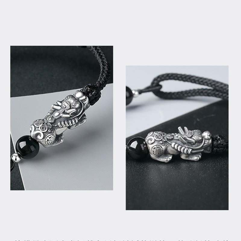 Buddha Stones 999 Srebro Sterlingowe FengShui PiXiu Naturalny Czarny Obsydian 925 Srebro Sterlingowe Koraliki Siła Bransoletka