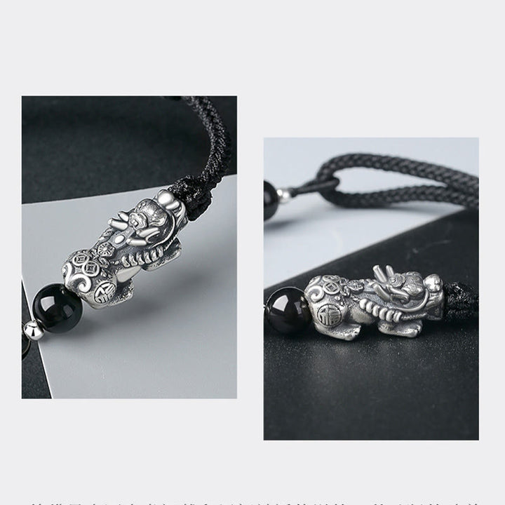 Buddha Stones 999 Srebro Sterlingowe FengShui PiXiu Naturalny Czarny Obsydian 925 Srebro Sterlingowe Koraliki Siła Bransoletka