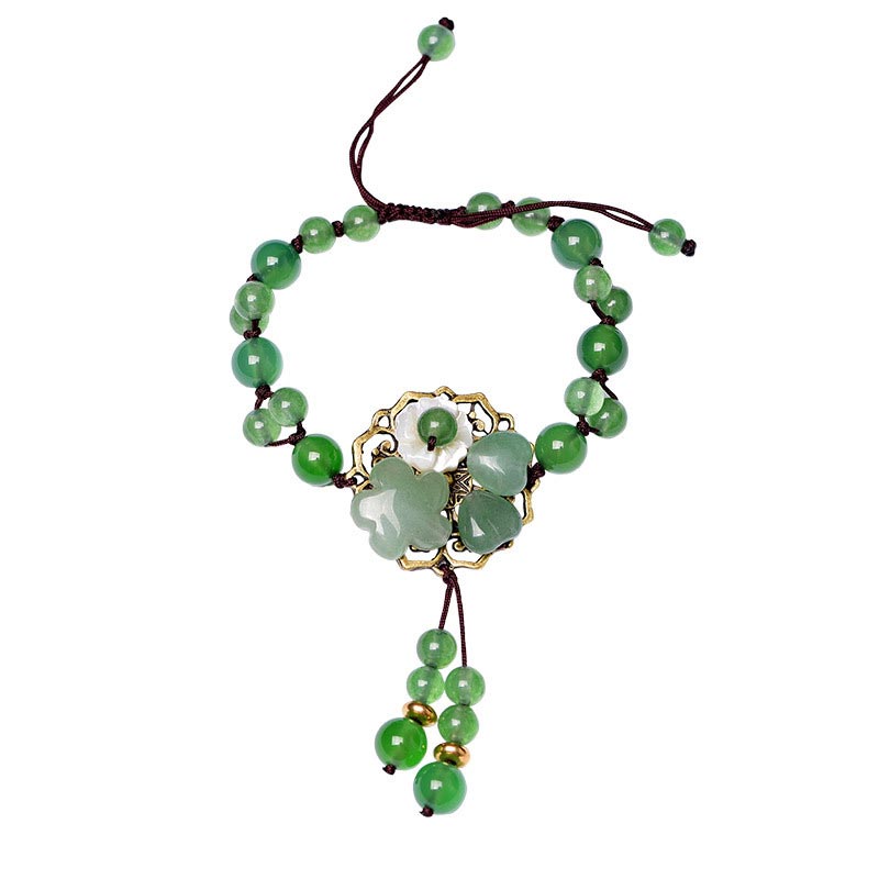 Bransoletka z naturalnego zielonego jadeitu z kwiatami szczęścia i Buddha Stones