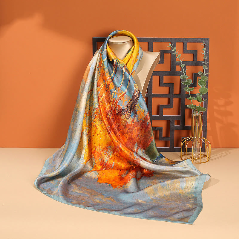 Buddha Stones Obraz olejny Miasto Śnieżna Scena Zamek Lotos 100% Jedwab Morwowy Chusta na szyję - Malarstwo olejne - image 0