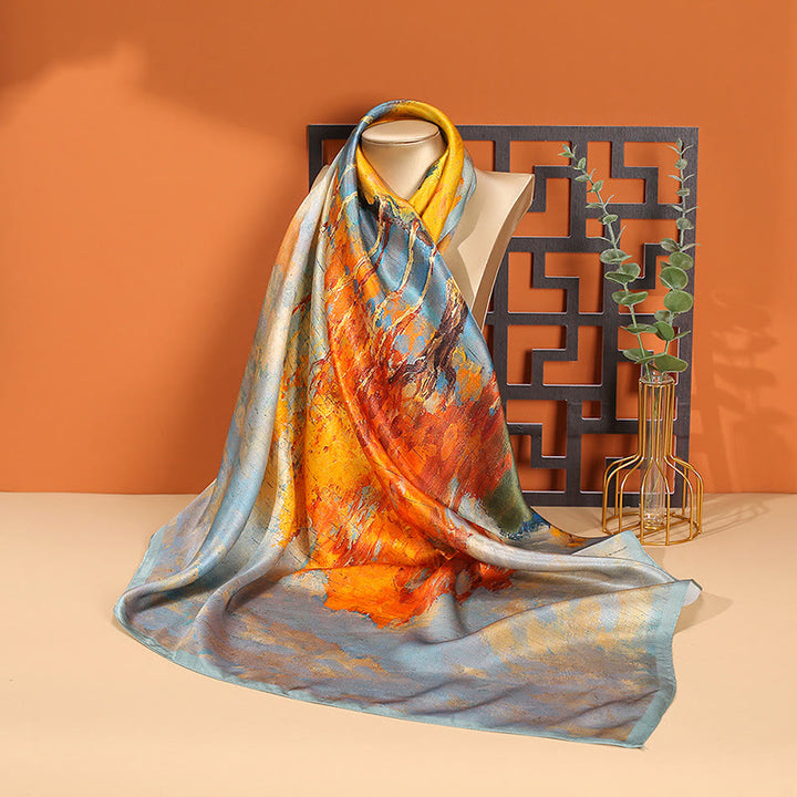 Buddha Stones Obraz olejny Miasto Śnieżna Scena Zamek Lotos 100% Jedwab Morwowy Chusta na szyję - Malarstwo olejne - image 0