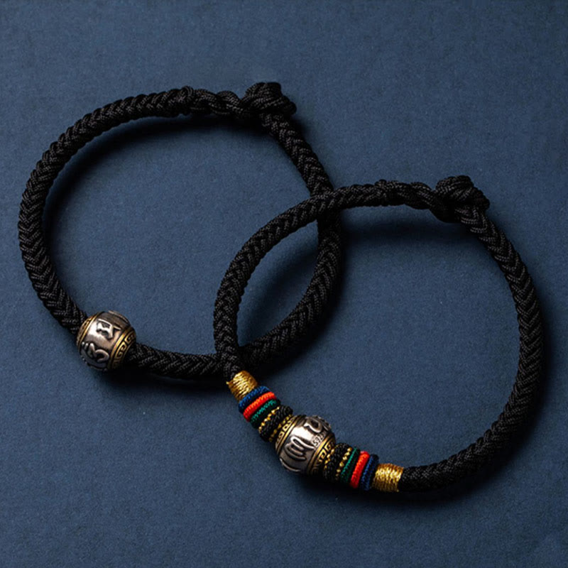 Buddha Stones 925 Srebro Sterlingowe Tybet Ręcznie Robione Om Mani Padme Hum Ochrona Szczęścia Bransoletka King Kong Knot Braided