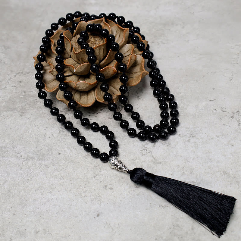 Buddha Stones 108 Mala Czarne Koraliki Onyksowe Naszyjnik Koraliki Modlitwy Medytacji Jogi