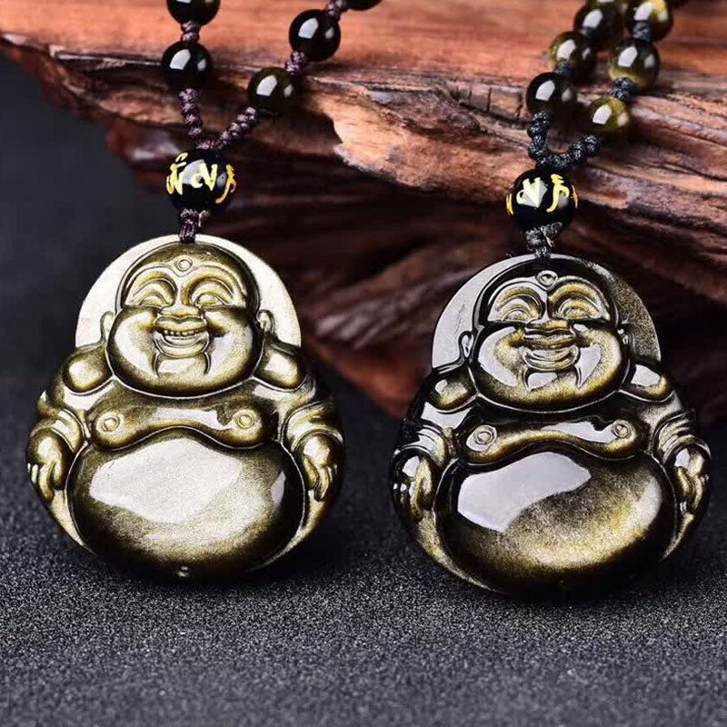Buddha Stones Śmiejący się Budda Złoty połysk Obsydianowy naszyjnik z bogactwem Wisiorek - image 1