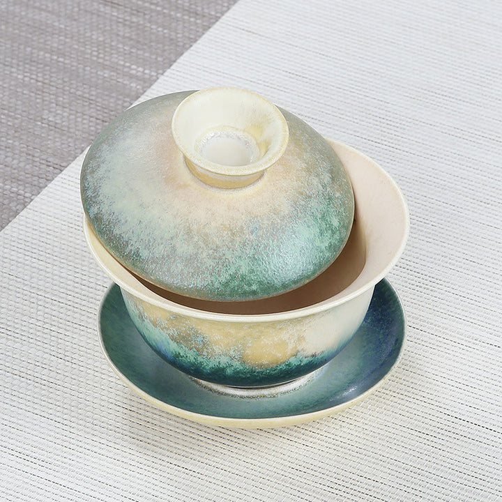 Buddha Stones Zielone Fale Oceaniczne Projekt Porcelany Ceramiczny Gaiwan Sancai Filiżanka Kung Fu Filiżanka I Spodek Z Pokrywką - image 2