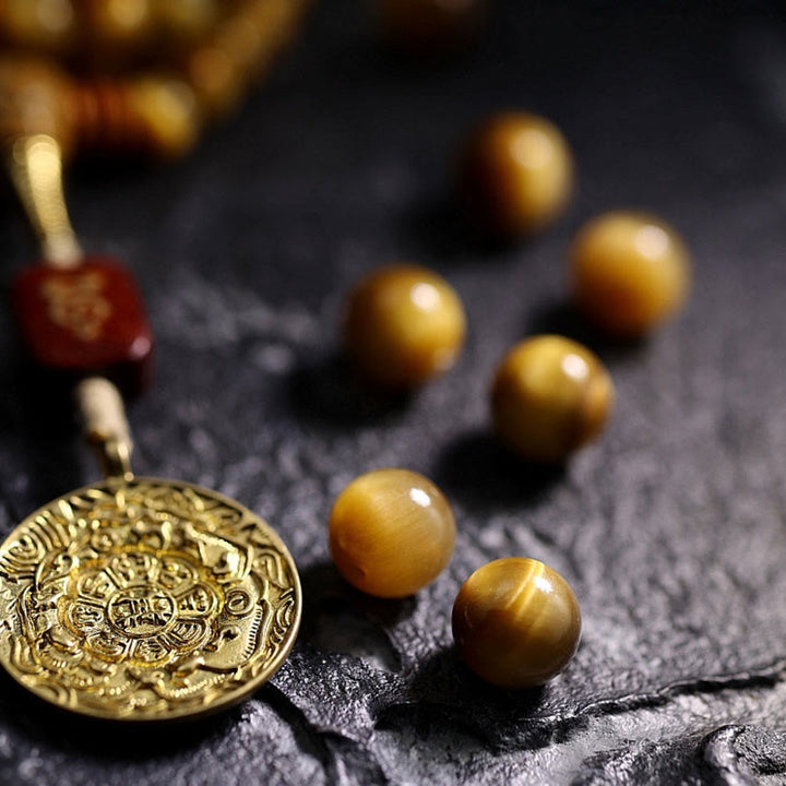 Buddha Stones 108 Mala Koraliki Naturalne Tygrysie Oko Miedź Dorje Ochrona Bransoletka z Chwostem