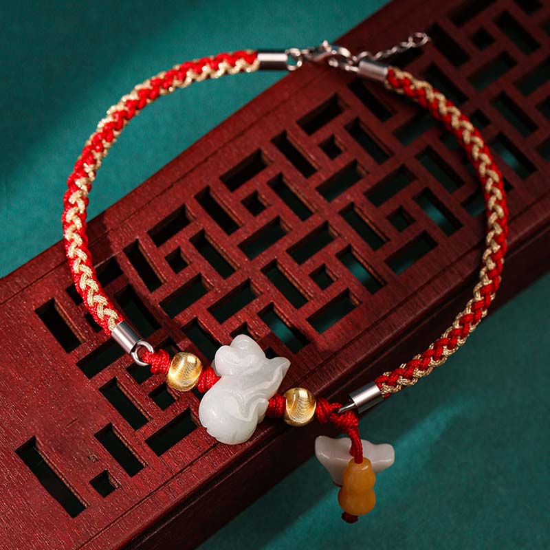 Buddha Stones Chiński Zodiak Jadeit Dobrobyt Czerwona Bransoletka Sznurkowa Anklet - Szczur (rozmiar bransoletki/bransoletki na kostkę 19,5+4 cm) - image 4