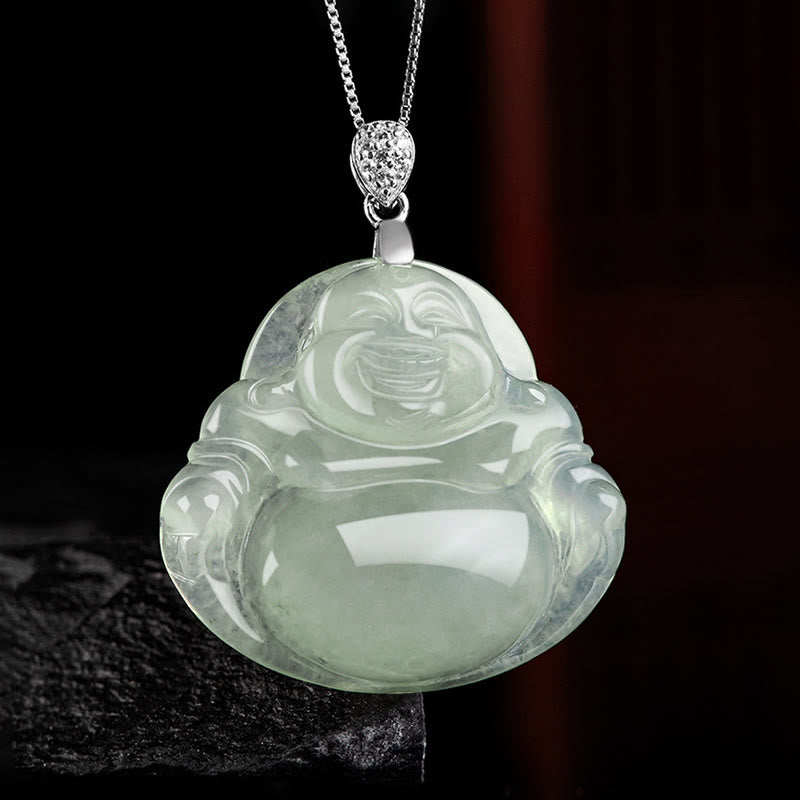 Buddha Stones 925 Srebro Sterling Naturalny Jadeit Śmiejący się Budda Dobrobyt Obfitość Naszyjnik Łańcuch Wisiorek
