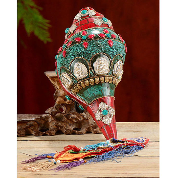 Tybetańska, ręcznie robiona Shankha Om Mani Padme Hum Budda Avalokitesvara turkusowa muszla pozytywna dekoracja - image 13