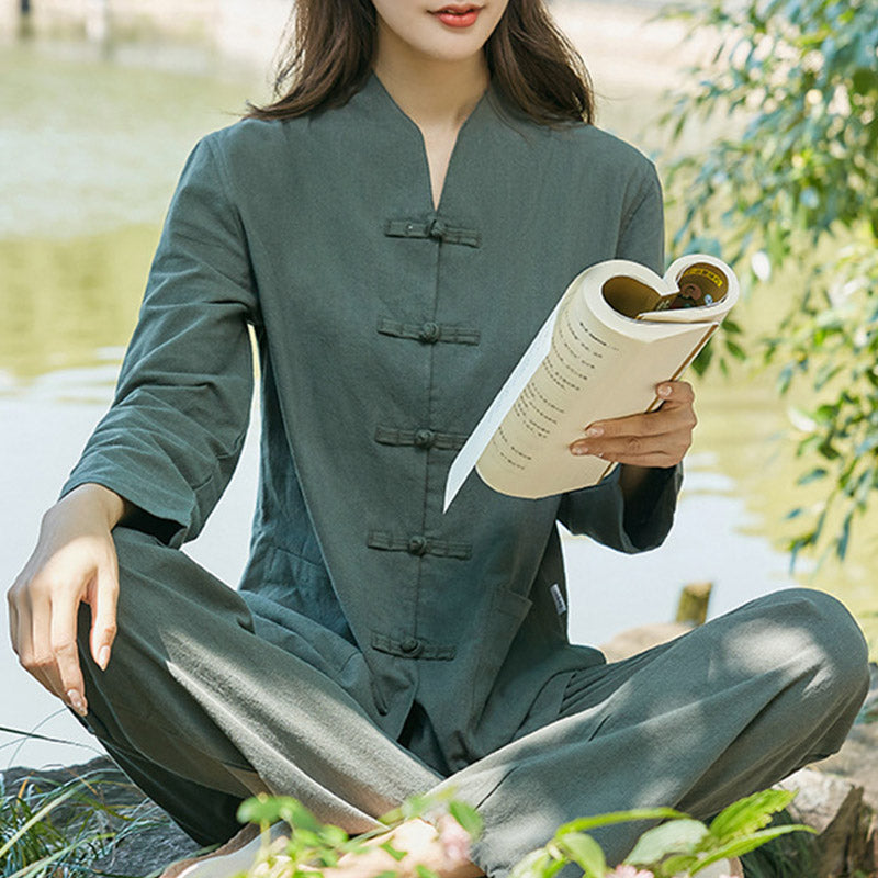 Buddha Stones Duchowa Praktyka Zen Joga Medytacja Modlitwa Jednolita Bawełna Lniana Odzież Damska Zestaw - Ciemnozielony - US18, UK/AU22, EU50 (6XL) - image 1