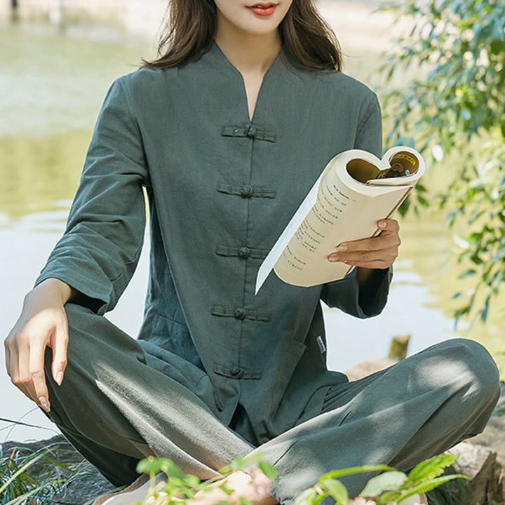 Buddha Stones Duchowa Praktyka Zen Joga Medytacja Modlitwa Jednolita Bawełna Lniana Odzież Damska Zestaw - Ciemnozielony - US18, UK/AU22, EU50 (6XL) - image 1
