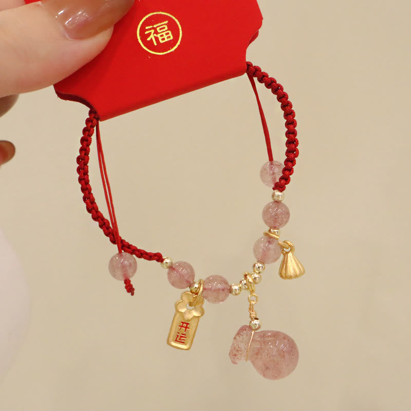 Buddha Stones Naturalny Kwarc Truskawkowy Worek Pieniędzy Lotos Uzdrawiający Charm Czerwony Sznurek Bransoletka Pleciona