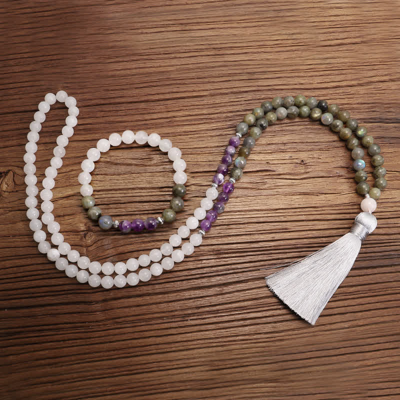 Buddha Stones 108 Mala Beads Biały Agat Ametyst Czarny Brokat Bransoletka Ochronna Kamienia