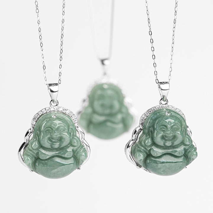 Buddha Stones 925 Srebro Sterlingowe Śmiejący się Budda Jadeit Obfitość Naszyjnik Łańcuszek Wisiorek - image 11