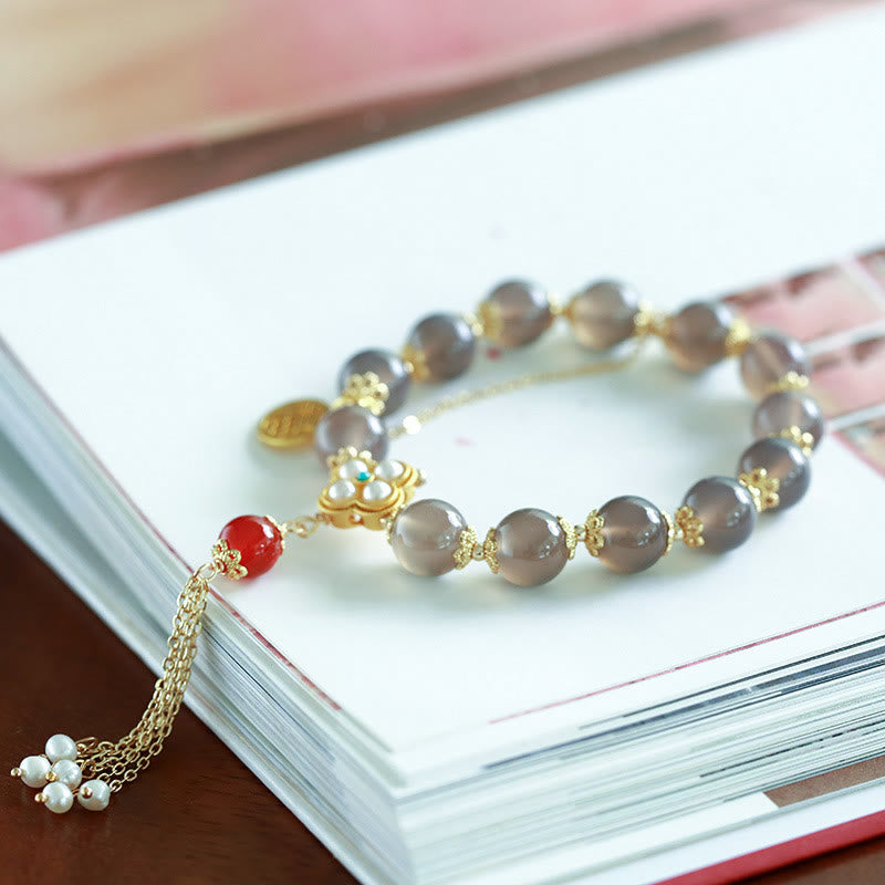 Bransoletka z pereł Fu Character Tassel Balance z Buddha Stones w kolorze szarym i agatem