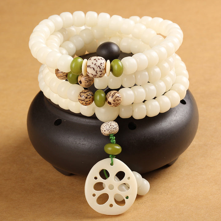 Buddha Stones Białe Nasiona Bodhi Mala 108 Koralików Bransoletka Szczęścia