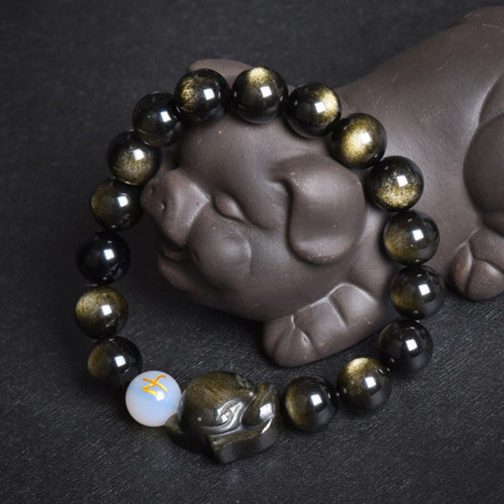 Buddha Stones Naturalny tęczowy obsydian Złoty połysk obsydian Srebrny połysk obsydian Lis Uzdrawiająca bransoletka