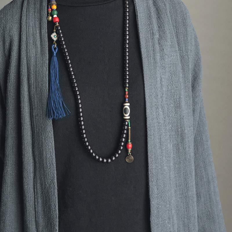 Buddha Stones 108 Koraliki Mala Ebony Drewno Dzi Koralik Miedź Równowaga Tassel Bransoletka
