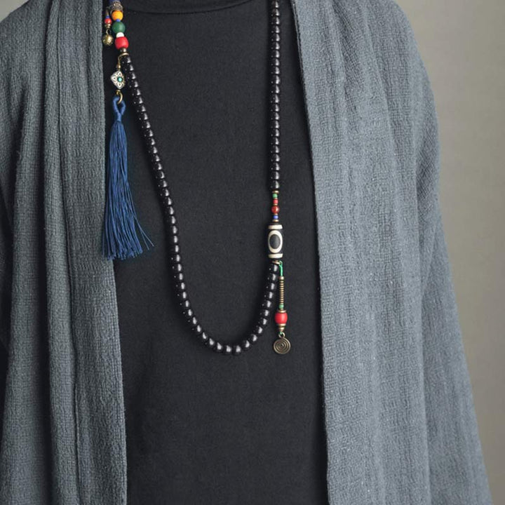 Buddha Stones 108 Koraliki Mala Ebony Drewno Dzi Koralik Miedź Równowaga Tassel Bransoletka - image 6