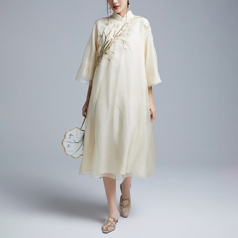 Buddha Stones 100% jedwab morwowy 6 Momme Sukienka Vintage Flower Butterfly Haft Qipao Sukienka damska Cheongsam - image 5