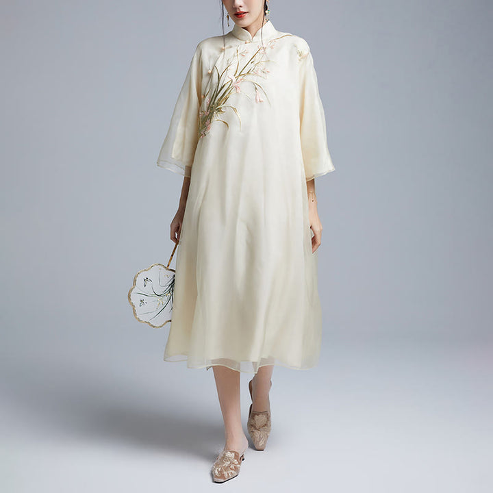 Buddha Stones 100% jedwab morwowy 6 Momme Sukienka Vintage Flower Butterfly Haft Qipao Sukienka damska Cheongsam - image 5