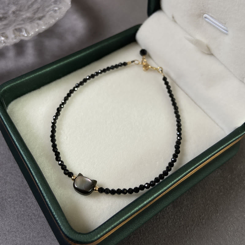 Buddha Stones 14K pozłacane Czarny Spinel Biały Kryształ Słodki Kot Tridacna Kamień Uzdrawiająca Bransoletka - image 2