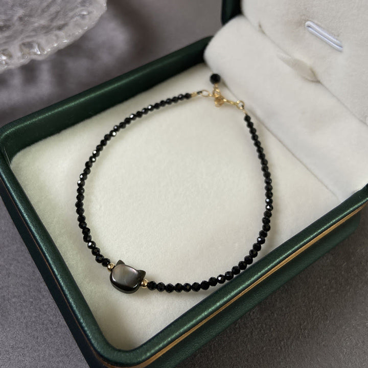Buddha Stones 14K pozłacane Czarny Spinel Biały Kryształ Słodki Kot Tridacna Kamień Uzdrawiająca Bransoletka - image 2