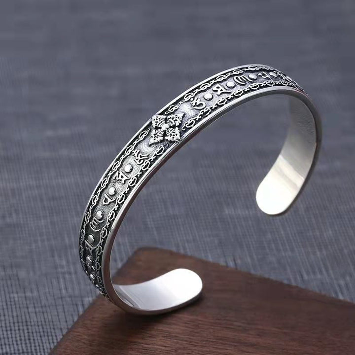 Buddha Stones 925 Srebro Sterlingowe Om Mani Padme Hum Podwójna Dorje Grawerowana Mądrość Bransoletka Mankiet Bangle