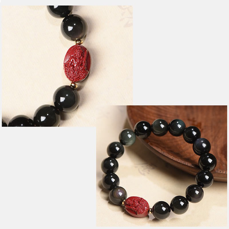 Buddha Stones Chiński Zodiak Natal Budda Naturalny Czarny Obsydian Cynober Oczyszczająca Bransoletka