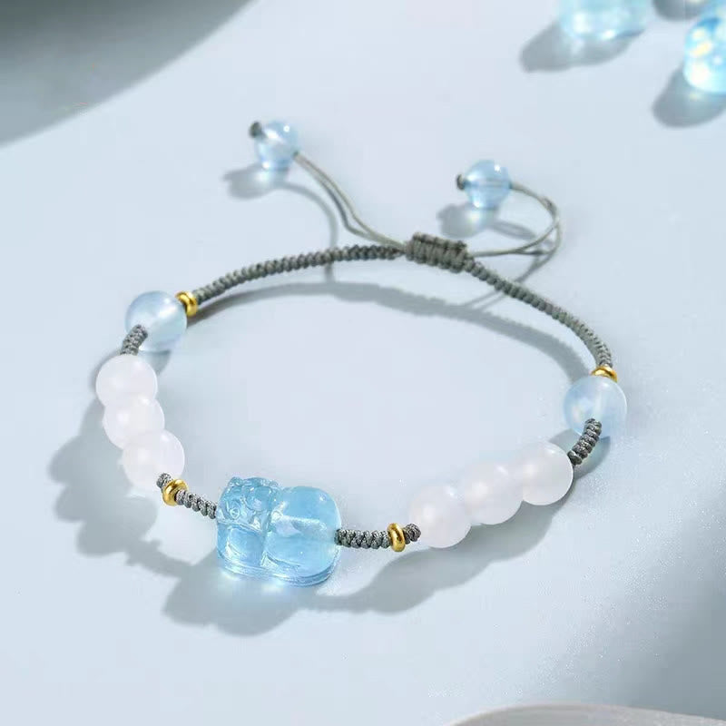 Buddha Stones Naturalny Akwamaryn PiXiu Hetian Biały Jade Bransoletka Lecznicza