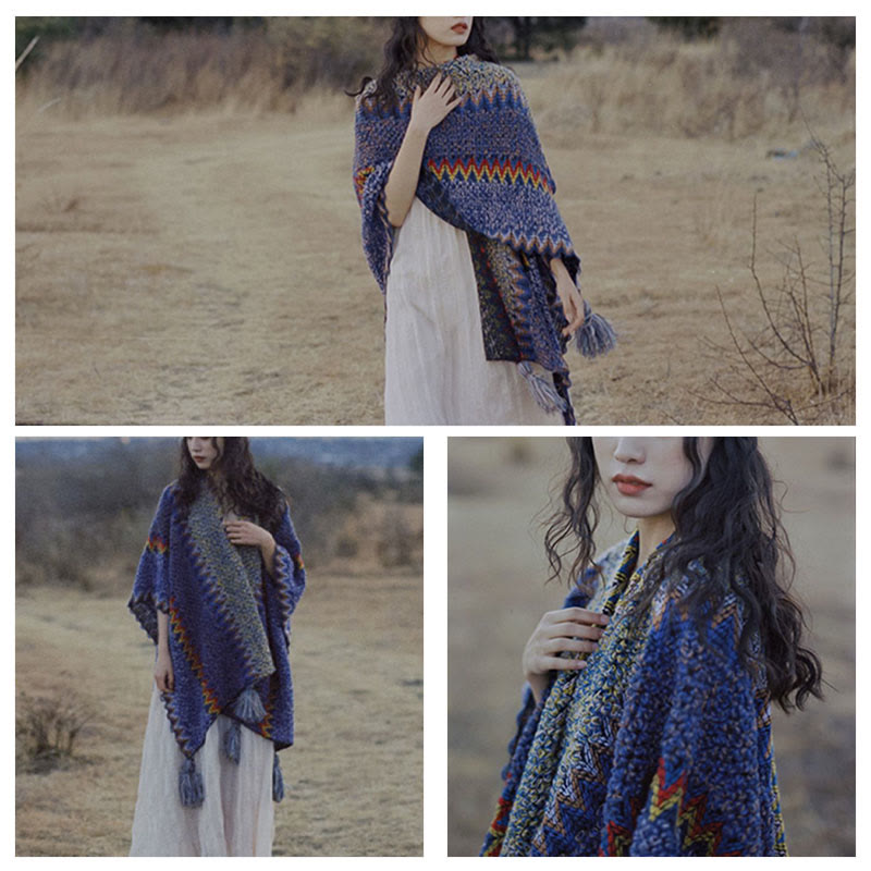 Buddha Stones Tybetański Szal Miękki Ciepły Robiony Na Drutach Płaszcz Zimowy Tybetański Szal Z Frędzlami - image 16