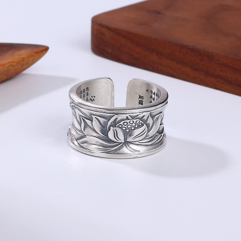 Pierścionek ochronny Buddha Stones 999 Sterling Silver Lotus Flower Heart Sutra