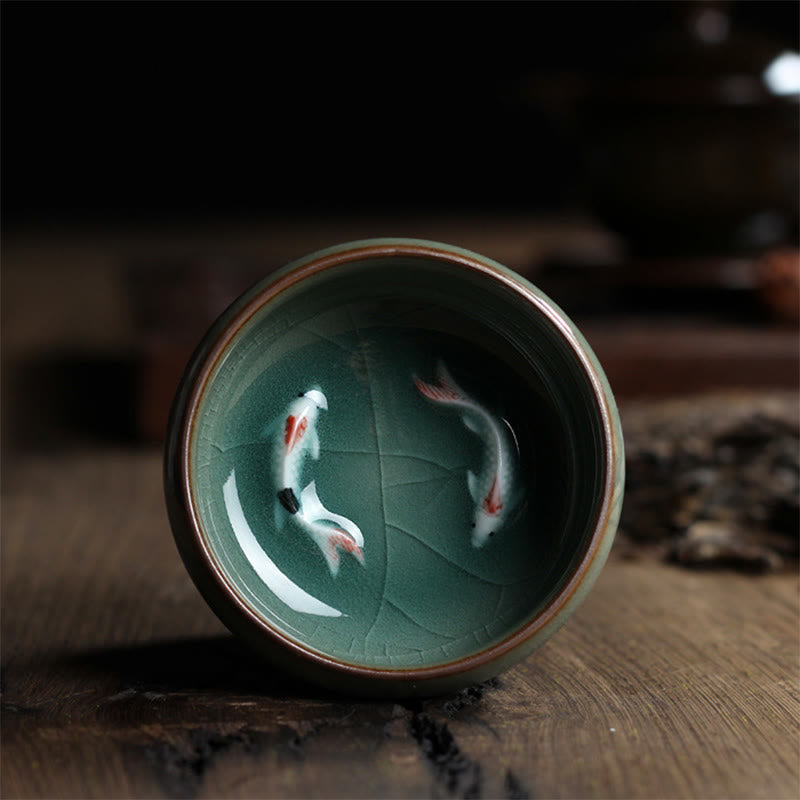 Buddha Stones Kolorowe Ryby Koi Ceramiczny Filiżanka Kung Fu Filiżanka Miska - Kolorowa podwójna ryba Koi 7,8 cm * 3,4 cm * 60 ml - image 0