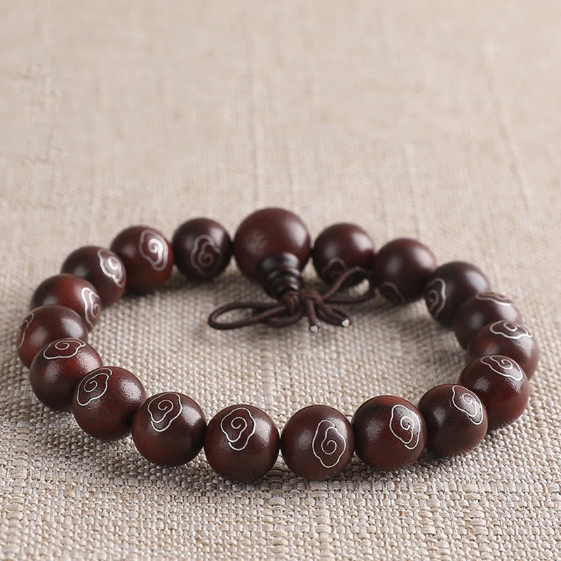 Buddha Stones 925 Srebro Inkrustowane Małymi Liśćmi Czerwonego Sandału Om Mani Padme Hum Charakter Pomyślne Chmury Bransoletka Ochronna