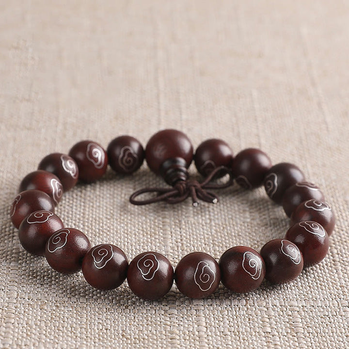 Buddha Stones 925 Srebro Inkrustowane Małymi Liśćmi Czerwonego Sandału Om Mani Padme Hum Charakter Pomyślne Chmury Bransoletka Ochronna