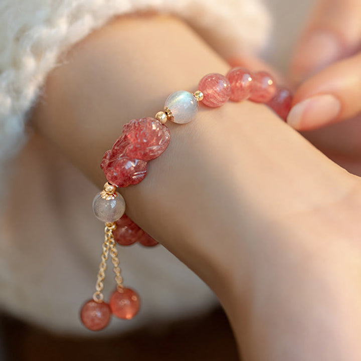 Buddha Stones Naturalny Kwarc Truskawkowy Kamień Księżycowy PiXiu Love Healing Bransoletka
