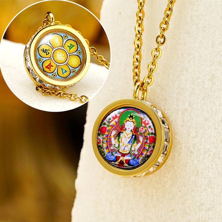 Buddha Stones Tybetański Żółty Bóg Bogactwa Zielona Tara Budda Spokój Naszyjnik Wisiorek Ze Stali Tytanowej - Przód Czteroręki Awalokiteśwara Tył Om Mani Padme Hum - image 16