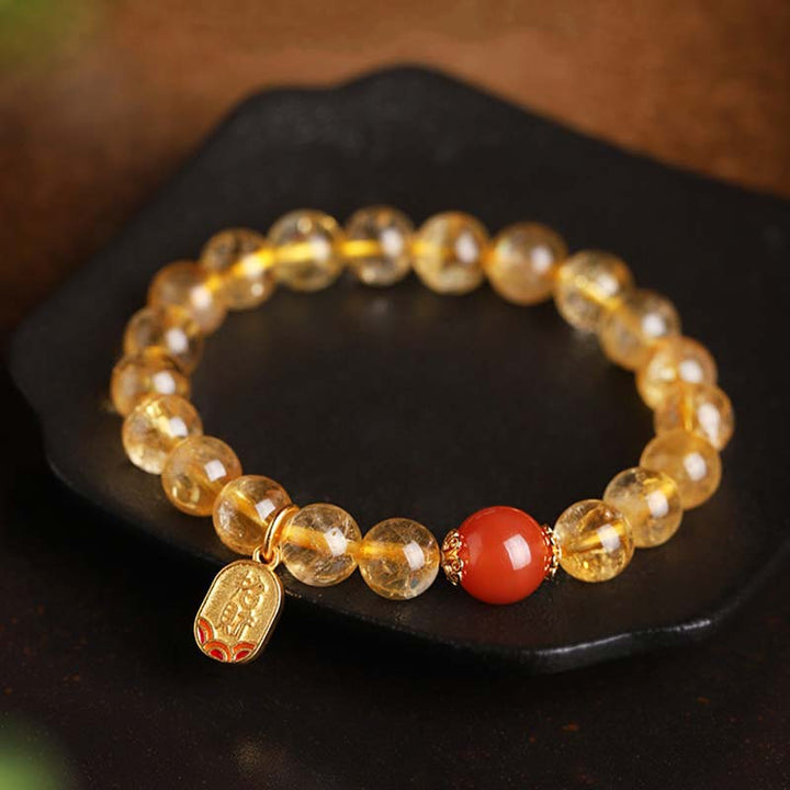 Bransoletka z zawieszką szczęścia i Buddha Stones w kolorze cytrynu i czerwonego agatu