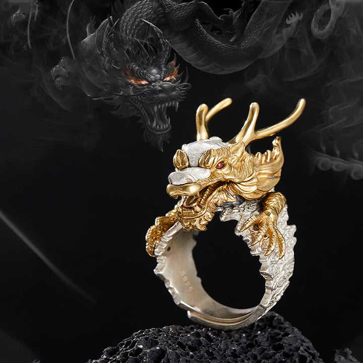 Buddha Stones 925 Srebro Sterling Smok Szczęście Sukces Ochrona Regulowany Pierścień Wisiorek - image 1