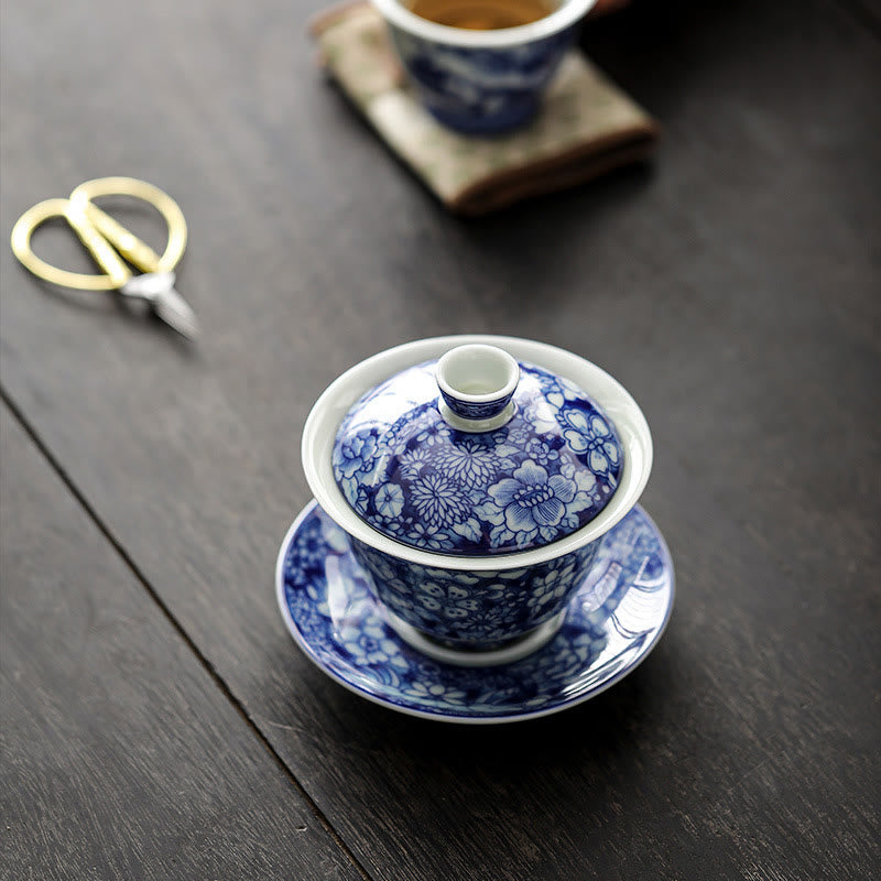 Buddha Stones Vintage Niebieski I Biały Porcelana Ceramiczna Gaiwan Sancai Filiżanka Kung Fu Filiżanka I Spodek Z Pokrywką