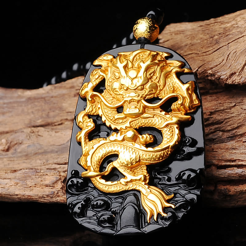 Naszyjnik z zawieszką na szczęście z Buddha Stones 18k pozłacany smokiem obsydian - Obsydian - image 3