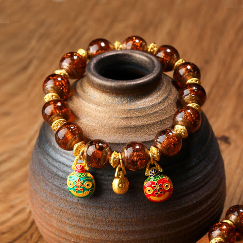 Buddha Stones Złota Połykająca Bestia Rodzina Charm Liuli Szklane Koraliki Bransoletka Fortuna