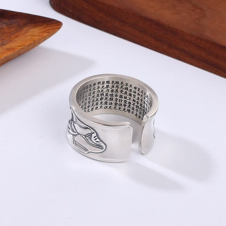 Pierścionek ochronny Buddha Stones 999 Sterling Silver Lotus Flower Heart Sutra